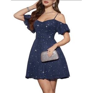 Meetjen Women's Short Prom Dress for Teens A Line Off  The Shoulder Small, Navy